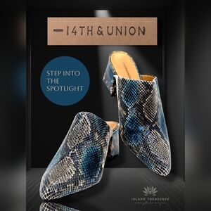 14th & Union Women Sz 9.5M Stunning Blue & Black &Tan Snake-Print Pointed Mules